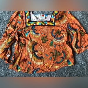 Farm Rio Anthropologie Bianca Orange Tropical Birds Floral Top XL